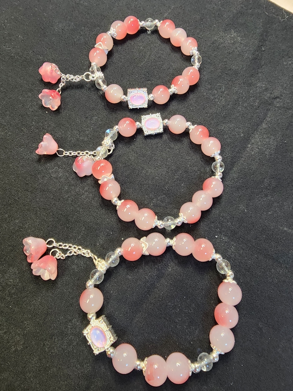 3 Elegant Pink Beaded Stretch Bracelet With Flower Dangles